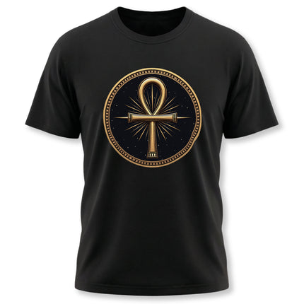 Black t-shirt featuring a detailed gold Egyptian Ankh symbol, the Key of Life graphic.