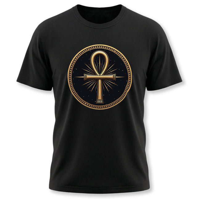 Black t-shirt featuring a detailed gold Egyptian Ankh symbol, the Key of Life graphic.