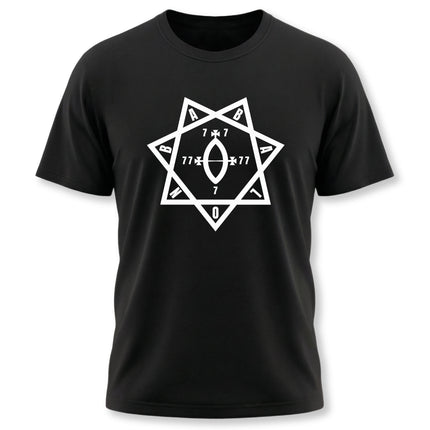 Star of Babalon symbol graphic on a black occult magic t-shirt.