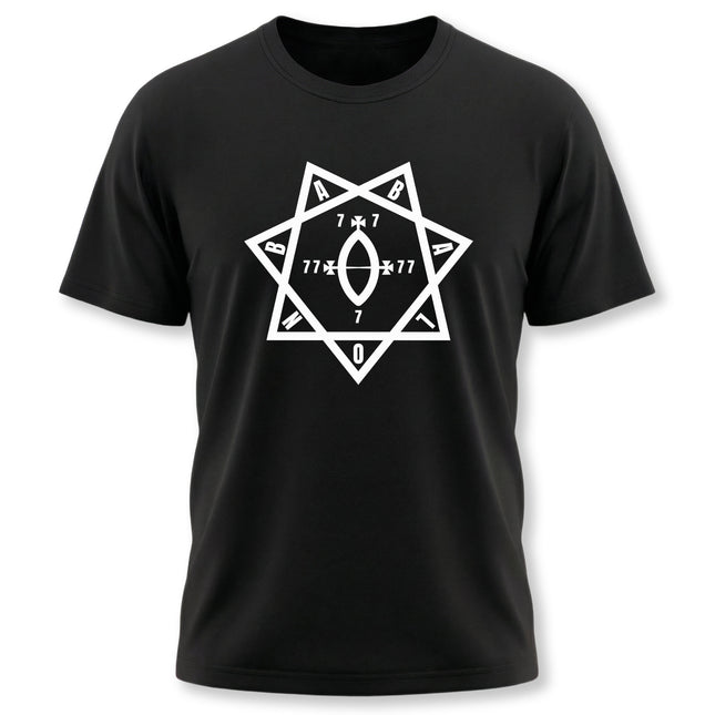 Star of Babalon symbol graphic on a black occult magic t-shirt.