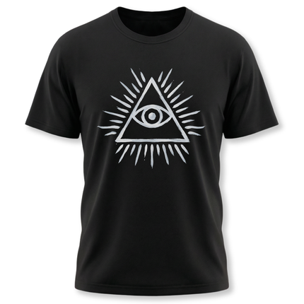 All-Seeing Eye of Providence symbol on a black triangle graphic tee.