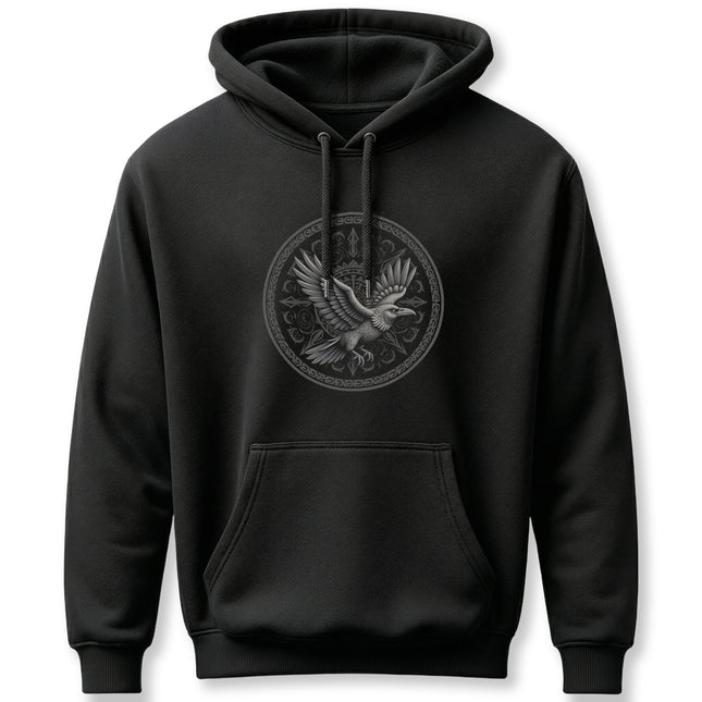 Black pullover hoodie featuring a Norse raven graphic and detailed Viking knotwork design.