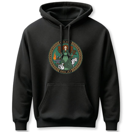 Brigid Celtic Goddess graphic featuring Irish mythology and pagan symbols on a black hoodie.