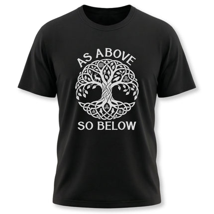 Black tee featuring Celtic Tree of Life knotwork and "As Above So Below" text.