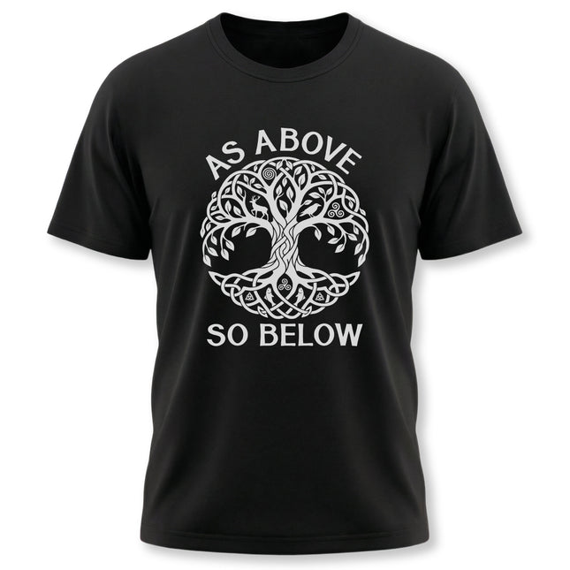 Black tee featuring Celtic Tree of Life knotwork and "As Above So Below" text.