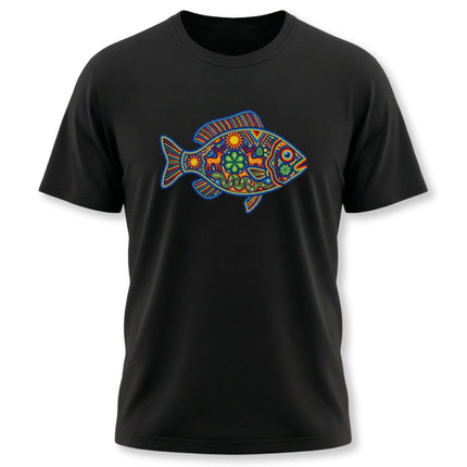 Vibrant Huichol Mexican folk art fish graphic tee shirt design on black fabric.