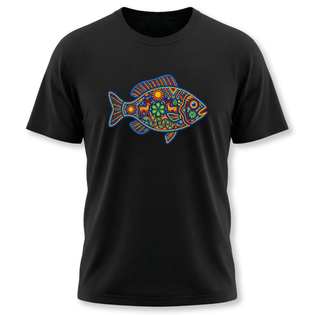 Vibrant Huichol Mexican folk art fish graphic tee shirt design on black fabric.