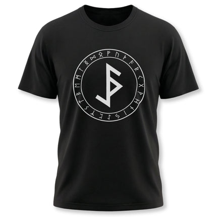 Black t-shirt featuring the Bind Rune and Elder Futhark runes. Norse Viking protection graphic tee.