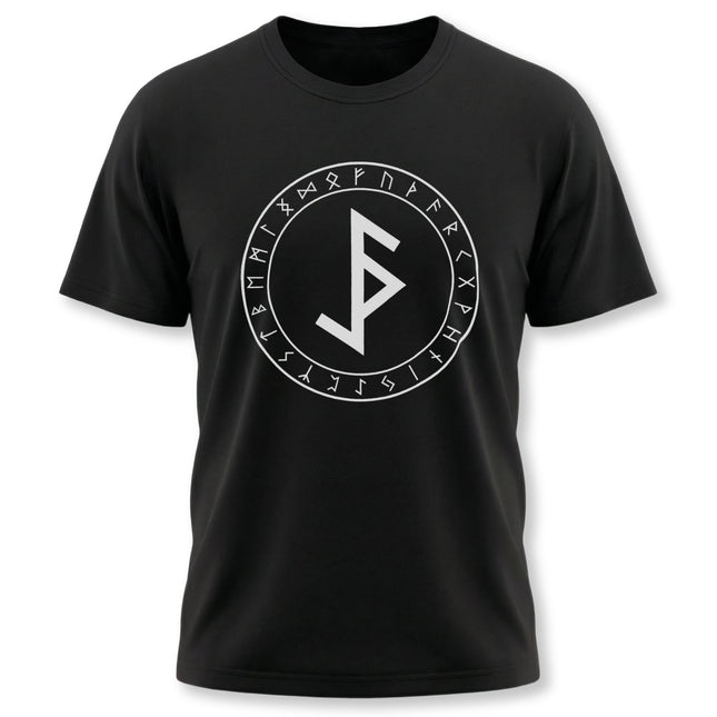 Black t-shirt featuring the Bind Rune and Elder Futhark runes. Norse Viking protection graphic tee.