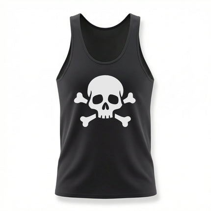 Black tank top featuring a white skull and crossbones graphic. Pirate Jolly Roger symbol apparel.