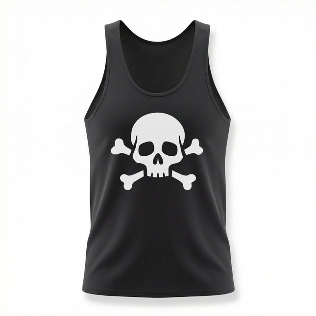 Black tank top featuring a white skull and crossbones graphic. Pirate Jolly Roger symbol apparel.