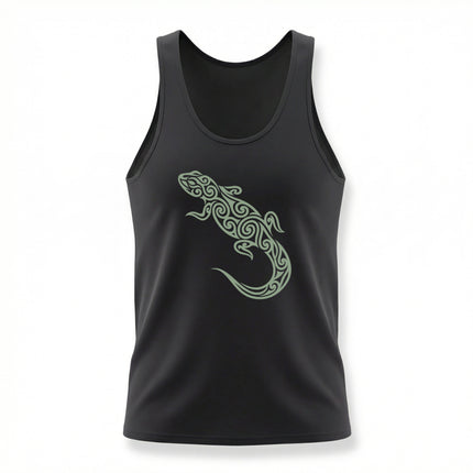 Tribal lizard graphic on a black tank top, featuring swirling reptile art design.