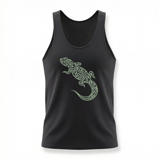 Tribal lizard graphic on a black tank top, featuring swirling reptile art design.