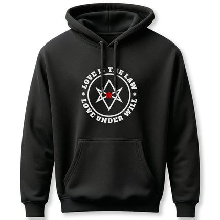 Black unisex hoodie featuring the Love Is The Law hexagram occult symbol. Thelema apparel.