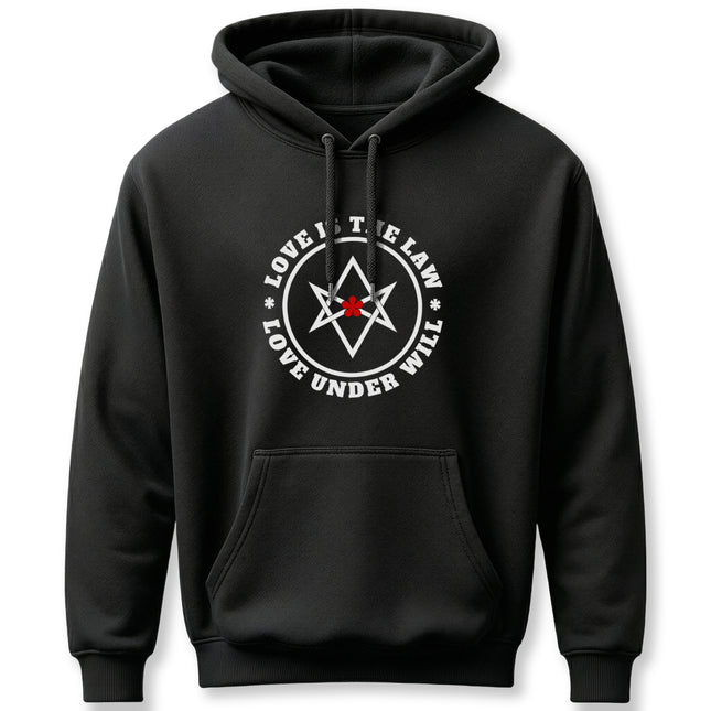 Black unisex hoodie featuring the Love Is The Law hexagram occult symbol. Thelema apparel.