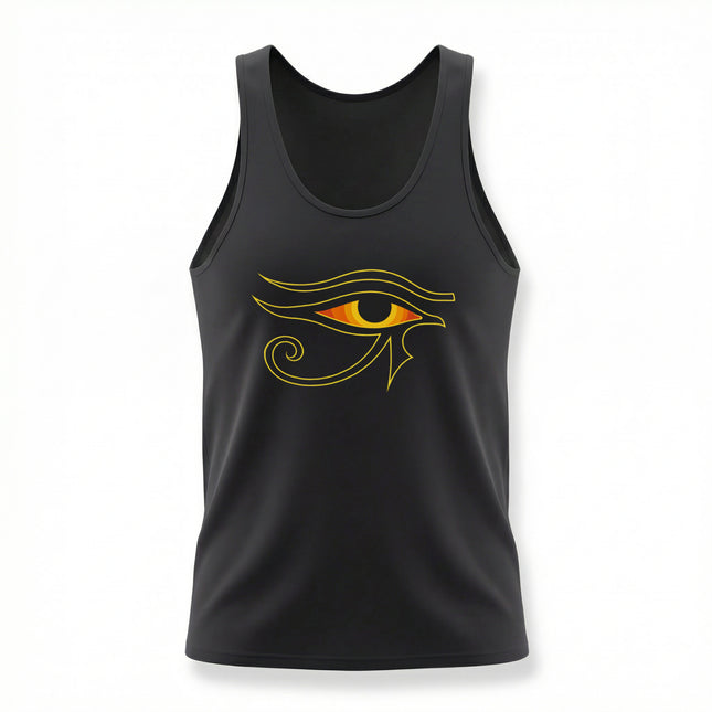 Eye of Ra symbol graphic on a black tank top. Ancient Egyptian mythology design featuring the protective Horus symbol.