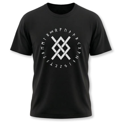 Norse Gungnir knot and rune circle graphic tee on a black t-shirt.