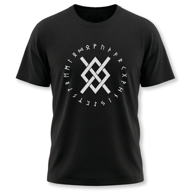 Norse Gungnir knot and rune circle graphic tee on a black t-shirt.