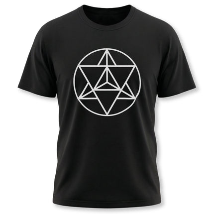 Sacred geometry Merkaba hexagram symbol on a black unisex t-shirt.