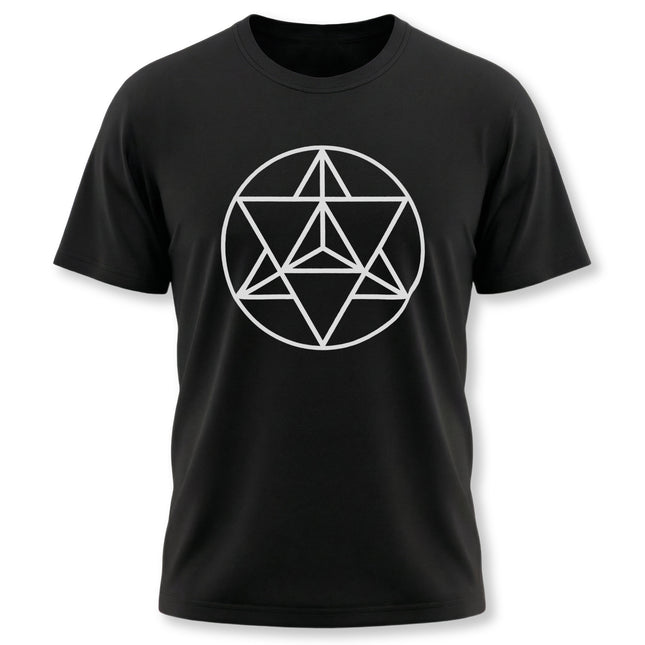 Sacred geometry Merkaba hexagram symbol on a black unisex t-shirt.