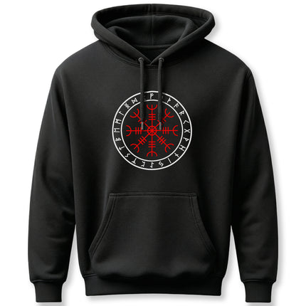 Aegishjalmur Norse runes symbol on a black Viking pullover hoodie.