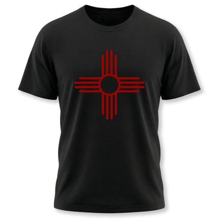 Native American Zia Sun Symbol graphic tee in red on a black t-shirt.