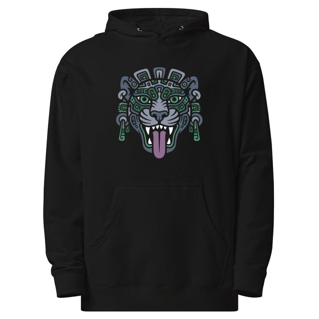 Maya Jaguar Head Hoodie | Green and Gray Feline Mask Design