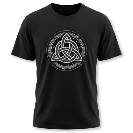 Celtic Triquetra knotwork design on a black t-shirt, featuring the Irish trinity symbol.