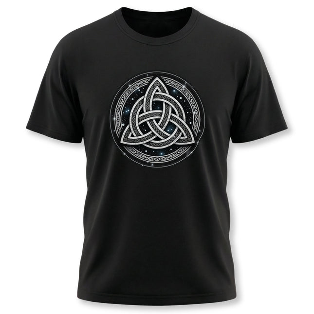 Celtic Triquetra knotwork design on a black t-shirt, featuring the Irish trinity symbol.