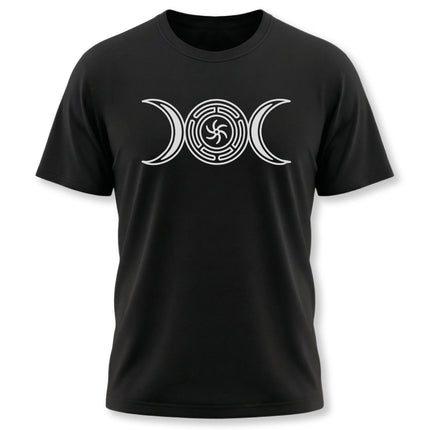Triple Moon Goddess symbol on a black tee, featuring Hecate's mystical wheel design.