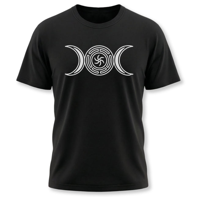 Triple Moon Goddess symbol on a black tee, featuring Hecate's mystical wheel design.