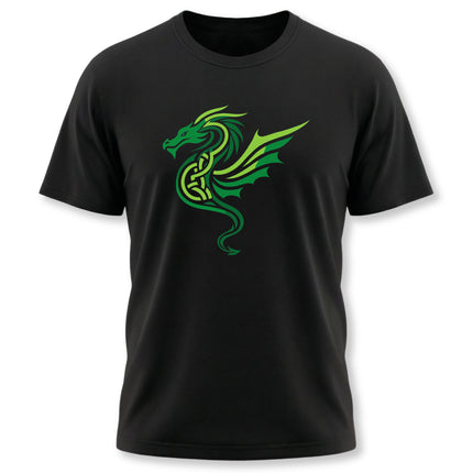 Green Celtic knotwork dragon graphic tee shirt design.