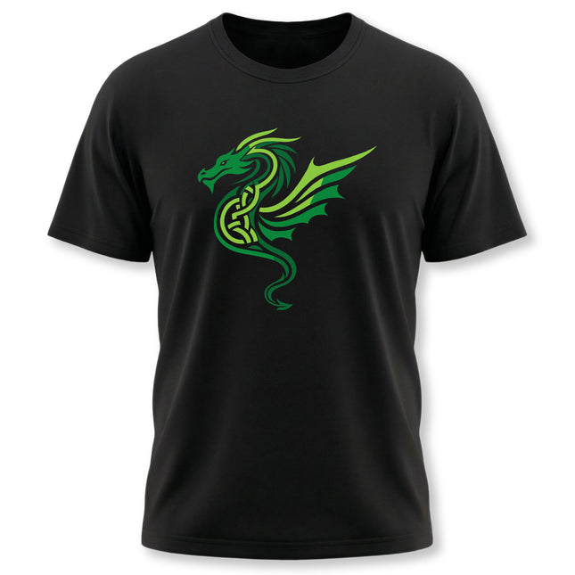 Green Celtic knotwork dragon graphic tee shirt design.