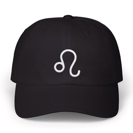 Black dad hat with embroidered Leo zodiac symbol.