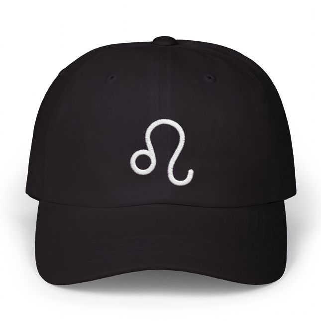 Black dad hat with embroidered Leo zodiac symbol.