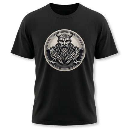 Viking Odin raven graphic t-shirt featuring Norse mythology art.