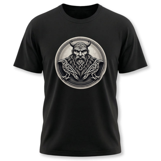 Viking Odin raven graphic t-shirt featuring Norse mythology art.