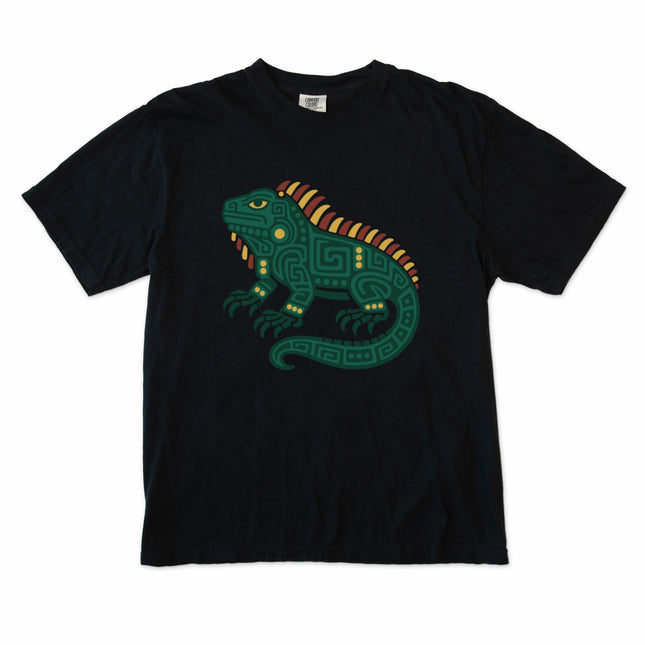 Mayan iguana graphic t-shirt featuring green Mesoamerican inspired animal art.