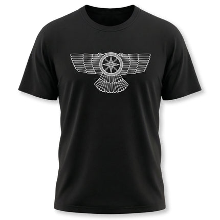 Mesopotamian Shamash winged sun symbol graphic on a black t-shirt.