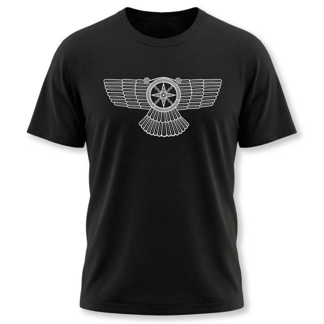Mesopotamian Shamash winged sun symbol graphic on a black t-shirt.