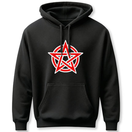 Red pentagram graphic on a black unisex pullover hoodie. Occult and mystical symbol apparel.