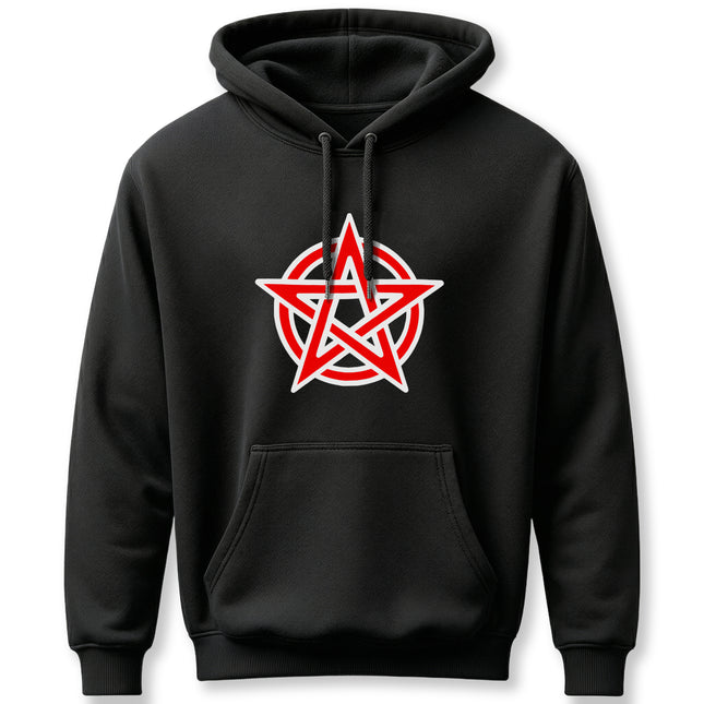 Red pentagram graphic on a black unisex pullover hoodie. Occult and mystical symbol apparel.
