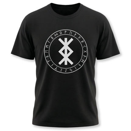 Norse rune t-shirt with Elder Futhark alphabet and central protection bind rune symbol.