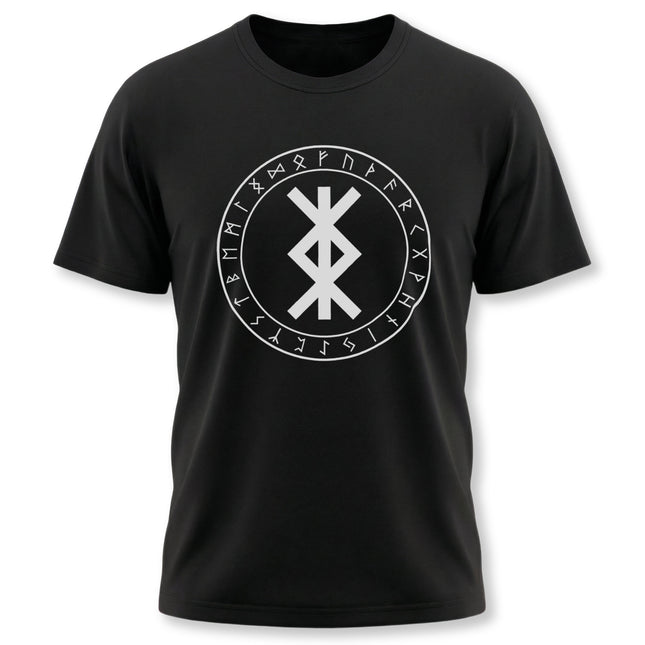 Norse rune t-shirt with Elder Futhark alphabet and central protection bind rune symbol.