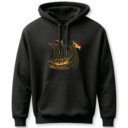 Burning Viking longship graphic design on a black pullover hoodie.