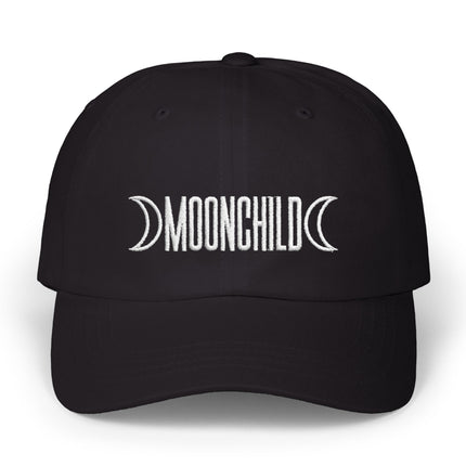 Moonchild embroidered black baseball cap with celestial crescent moon design.