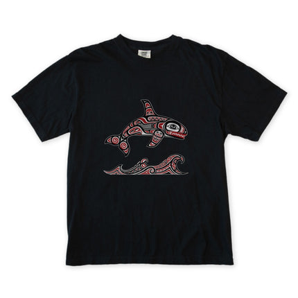 Haida formline art killer whale and wave graphic tee shirt print.