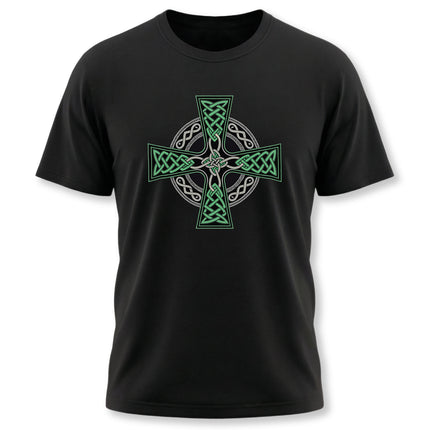 Black t-shirt featuring a vibrant green Celtic Cross knotwork design.