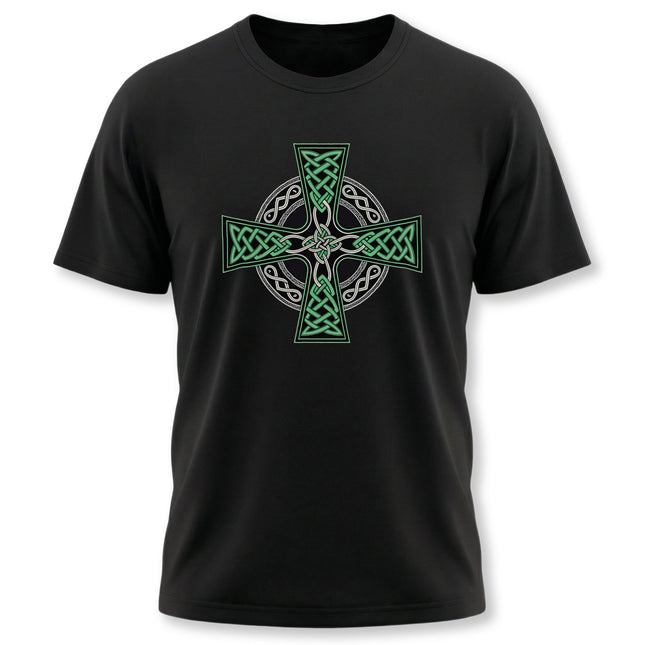 Black t-shirt featuring a vibrant green Celtic Cross knotwork design.
