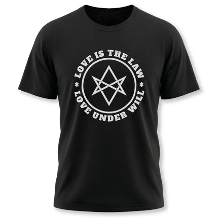 Black t-shirt featuring the Love Is The Law hexagram symbol, occult and Thelema design.
